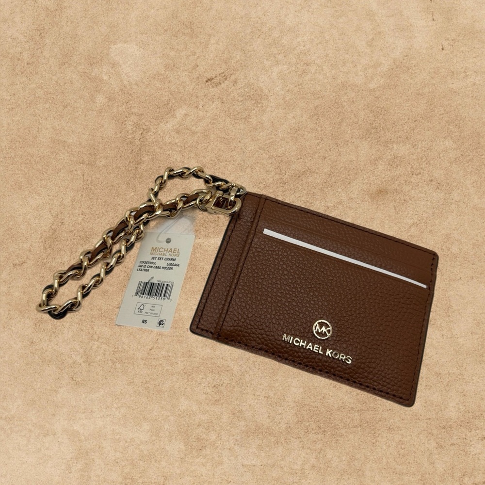 NWT Michael Kors Jet Set Charm Small ID Chain Card Holder Camel Pebbled Leather